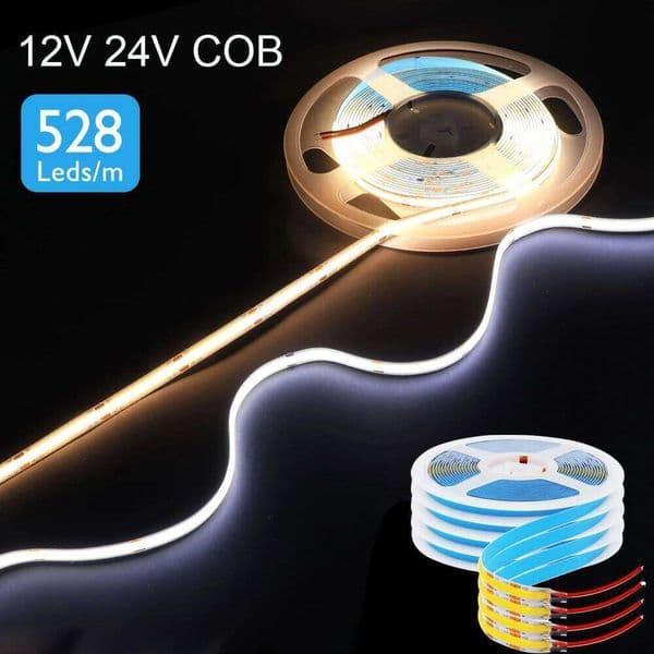 12V 24V COB LED Strip Light 528LEDs/m High Density Flexible Tape 8mm PCB Warm Nature Cool White 2PIN Wire/DC Plug Bar Home Decor S260512