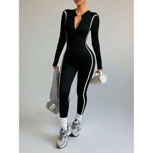 Striped Color-Blocking Stand-Up Collar Yoga Bodysuit Outdoor Quick-Dry One-Piece Sportswear Compression Fitness Wear