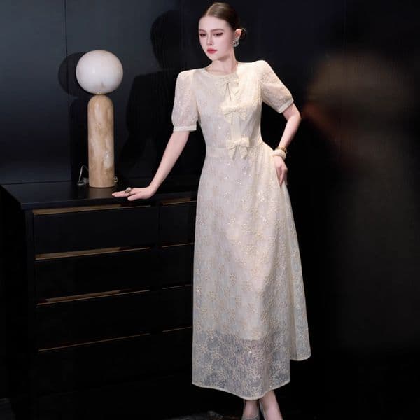 Fashionable sequined bow short-sleeve waist-cinching slimming apricot dress European and American women's summer 2026