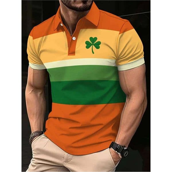 Men's Short Sleeved Polo Shirt Casual 3D Printed Golf Shirt, Orange Green Striped Clover Pattern, Sporty Style W260514