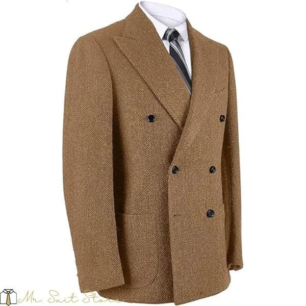 Vintage Herringbone Tweed Blazer British Lapel Woolen Blend Tuxedo Jacket Double Breasted Mens Suit with Pockets 260514