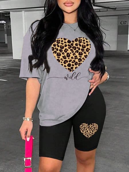 Leopard Heart Pattern Printing Shorts Sets Fashion Cartoon WomenS Two Piece Set Breathable Comfortable Short Sleeved Shorts Set 260511