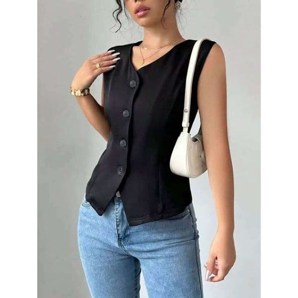 Women's Vest Spring Summer Black V Neck Button Front Slim Fit Irregular Hem Valentine's Day Elegant Casual Office Top