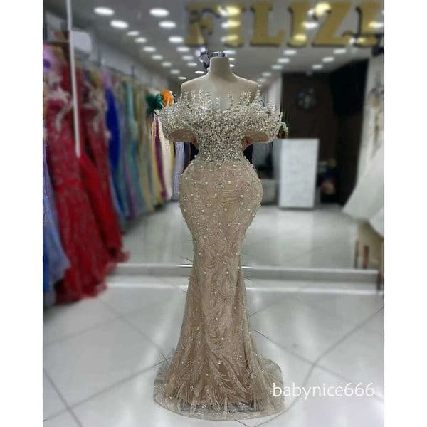 Luxurious Golden Champagne Aso Ebi Mermaid Evening Sequin Crystal with Detachable Off Shoulder Long Prom Party Celebrity Gown Customized ZD12