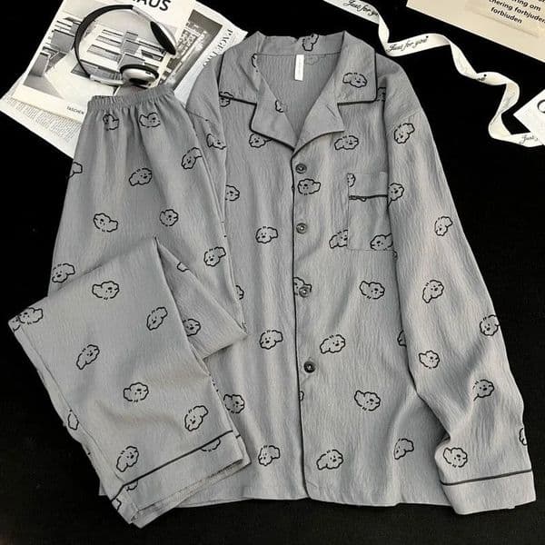 Casual Dog Print Mens Pajamas Plus Size Basic Long Sleeve Trousers Oversized Mens Sleepwear Autumn Winter Pajamas Set 260514