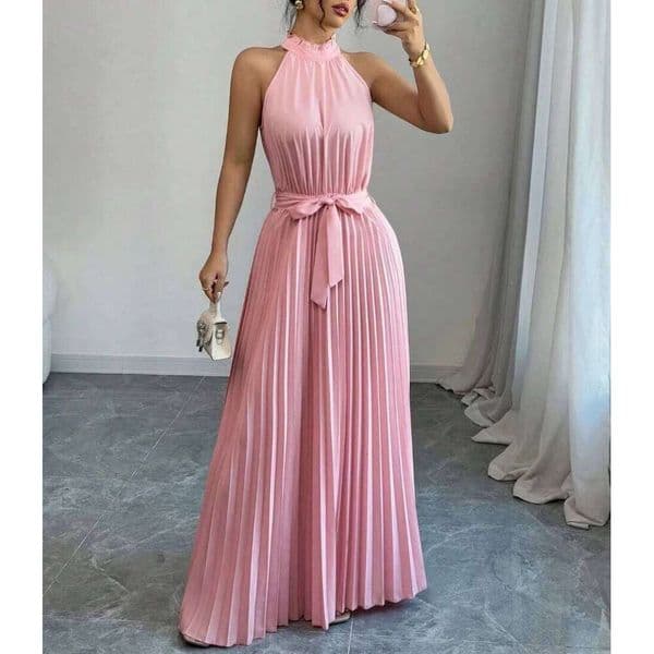 Women Maxi Dress Sleeveless Halter Neck Pleated Belted A Line Pink Dresses Spring Summer Party Wedding Guest Evening Gown