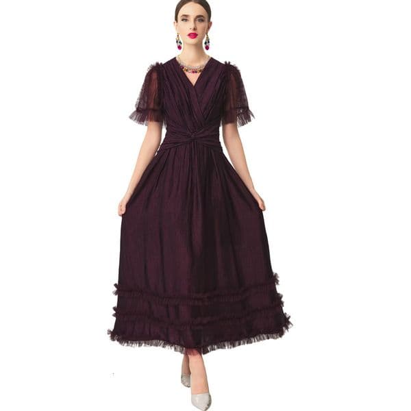 Jianie V-neck ruffle trim micro-elastic waist-cinching short-sleeve long dress, European and American women's summer new style 2026