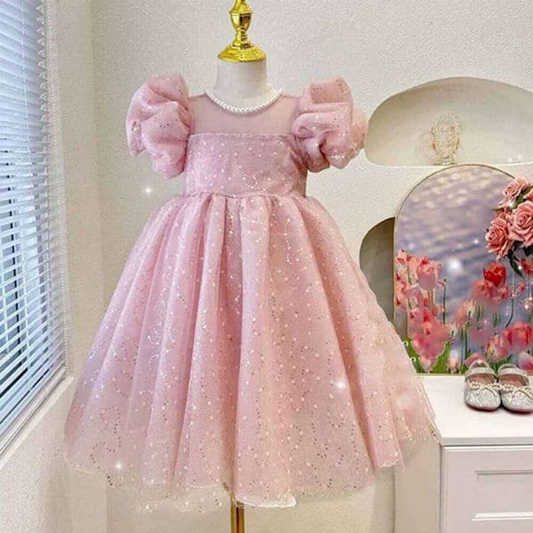 Children's Puff-sleeved Princess Dress For Girls Sweet Tulle Sequins Skirt Birthday Party Gifts Performance Prom Clothes 26W0514