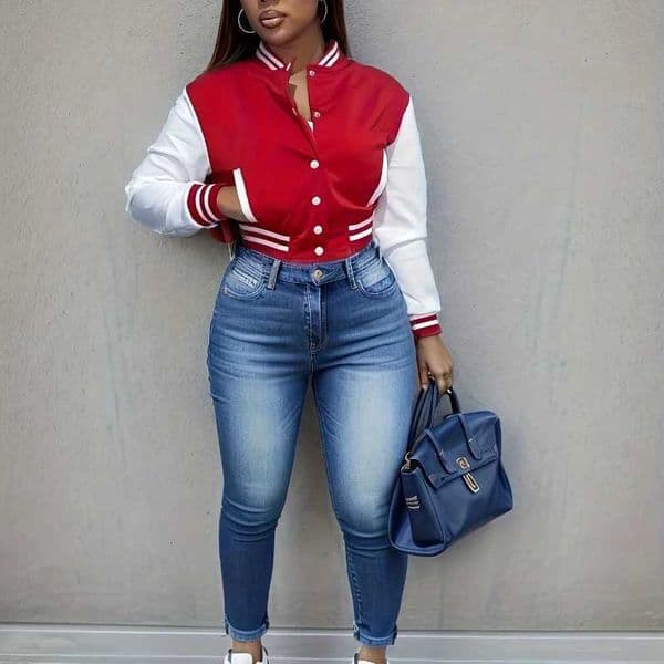 Spring and Autumn European and N Womens Color Matching Jacket Single-breasted Lettered Baseball Jacket L2605141