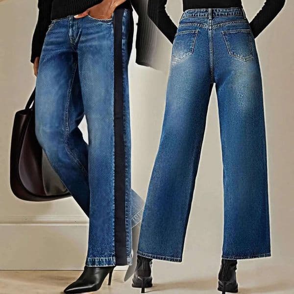 European and American style elastic mid-waist straight-leg jeans with contrasting color splicing for women