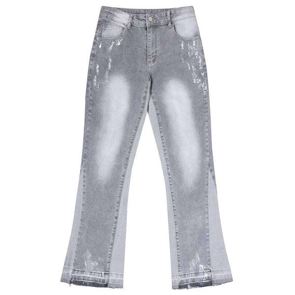 Designer Men Painted Flared Denim Jeans Spliced Slim Boot Cut Pants Vintage Grey Cotton Released Hem Trousers 26L0514