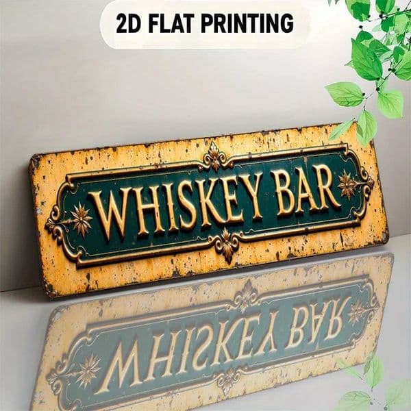2D Flat Vintage European Whiskey Bar Label Sign - Green Golden Metal Wall Decor with Golden Lettering Star Accent C260514