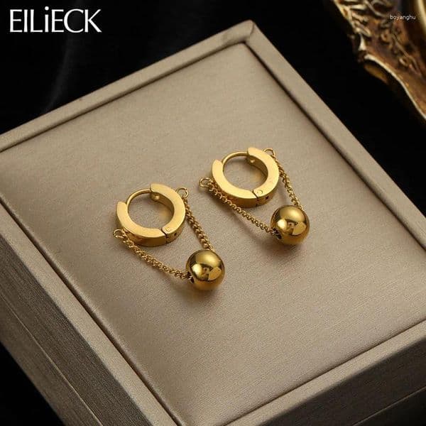 Hoop Earrings EILIECK 316L Stainless Steel Gold Color Sphere Drop For Women Girl Luxury Fashion Ear Buckle Jewelry Ladies Gifts Party