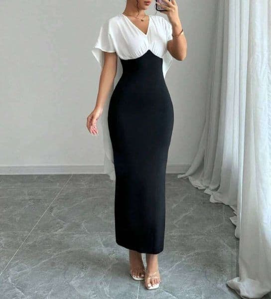 Women's Spring Summer Black White Color Block V Neck Cape Short Sleeve Bodycon Maxi Elegant Cocktail Dress
