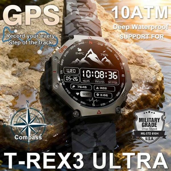 T-Rex 3 tra Military Grade GPS Smart Watch 10ATM Waterproof Cpass Altimeter Baretric AMOLED Men HD Call Sports SmartwatchJ260514