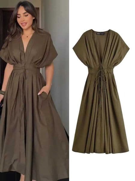 HH Womens Summer Fashion V-neck Lace-up Midi Short Slve Dress Female Elegant Backless Pleated Sexy Waist Long Dress Z260513