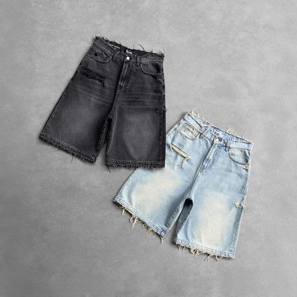 Gothic-style black punk washed denim shorts, summer street hip-hop ripped knee-length shorts