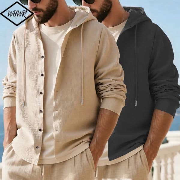 Spring Summer Mens Shirts Solid Color Long Sleeve Hooded Shirt Men Button Tops Casual Loose Cardigan Clothing Streetwear 260514