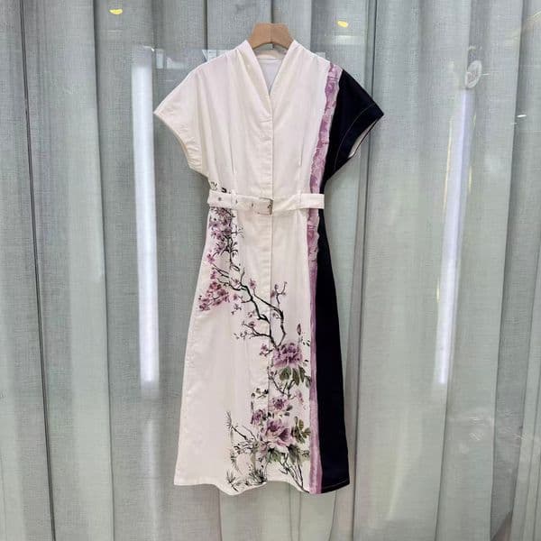 Spring/Summer New D-brand V-neck Vintage Artistic Style Fashionable Versatile Floral Print Pure Cotton Dress