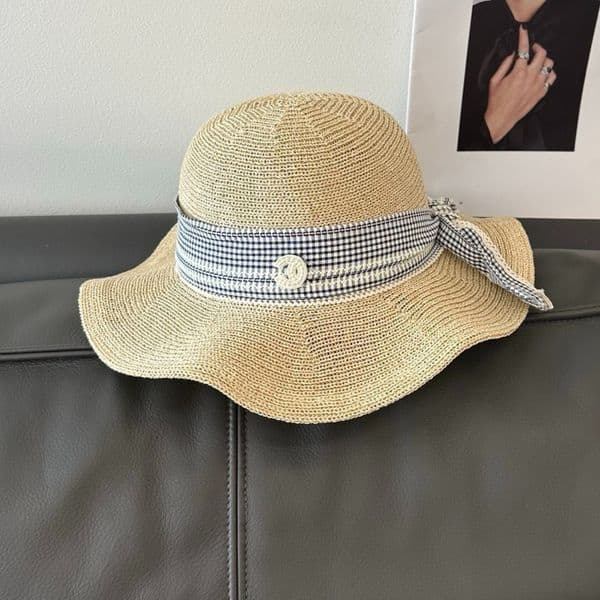 Adjustable Plaid Ribbon Straw Sun Hat Bucket Hat Designer Women Breathable Wide Brim Dome Cap for Women Spring Summer Vacation