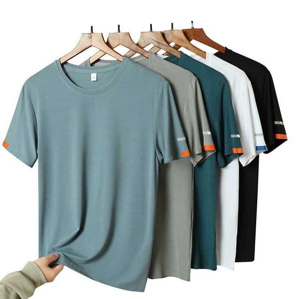 Mens Silk Ice Round Collar T-shirt Simple Running Fitness Suit Breathable Thin T-shirt Quick Dry T-shirt Summer L260513