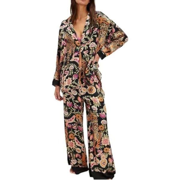 Arssm Satin Pajama For Women Silk Pajamas 2 Pcs Floral Pj Set Long Sleeve Button Down Pjs Sleepwear