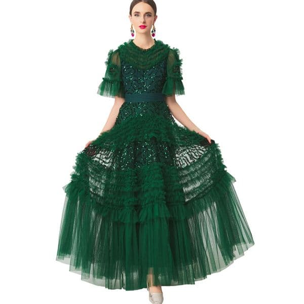Jiani Heavy Industry Sequin Layered Ruffle Short-Sleeve Green Dress, Large Hem Princess Dress for Women, Summer 2026, Do Not Use