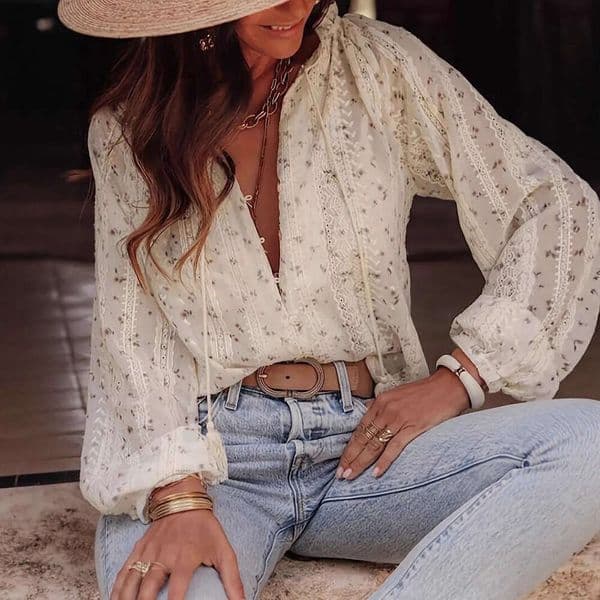 Women's Elegant and Stylish Floral Print Lace Patchwork Tassel Blouse