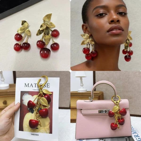 Vintage metal leaf resin fruit cherry earrings Jewelry Valentine's Day Gift For Woman Mom Thanksgiving