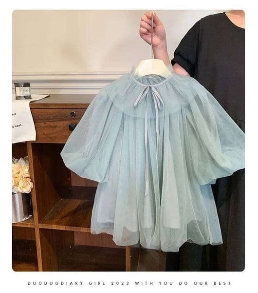 Kid Girl Solid Color Tulle Dress for Children Ruffled Neckline Bow Tie Back Detail Puff Sleeves Layered Mesh Elegant Skirt 26W0514