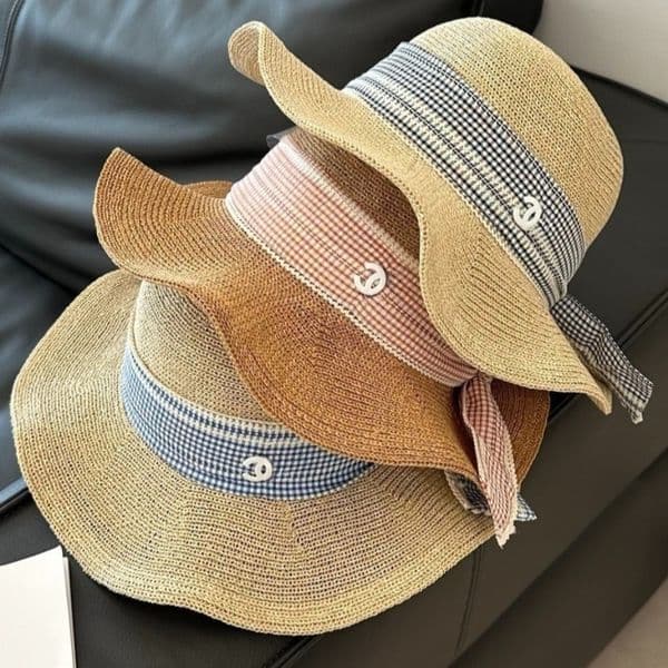 Designer Hat for Womens Adjustable Plaid Ribbon Straw Sun Hat Designer Straw Hat Breathable Wide Brim Dome Cap for Women Spring Summer Vacation thumbnail 2