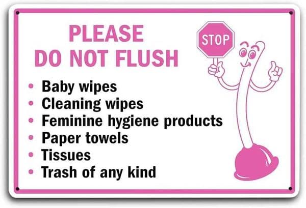 Restroom Reminder Metal Sign Playful Toilet Mascot Do Not Flush List - Pink Durable Bathroom Signage for Septic Tank Safety - E C260514