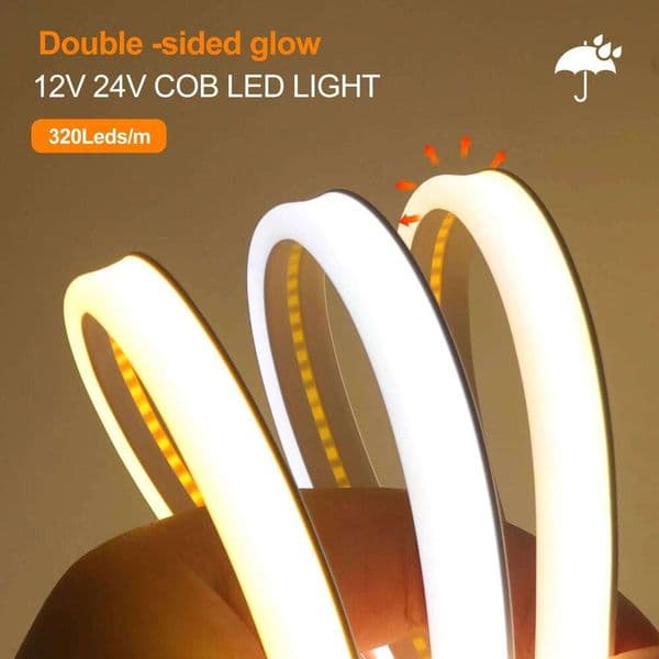 Double Side Glow COB Strip Light 12V 24V Waterproof Flexible LED Neon Tape 320LEDs High Density Linear Lighting 0.5-20M S260512 8fb