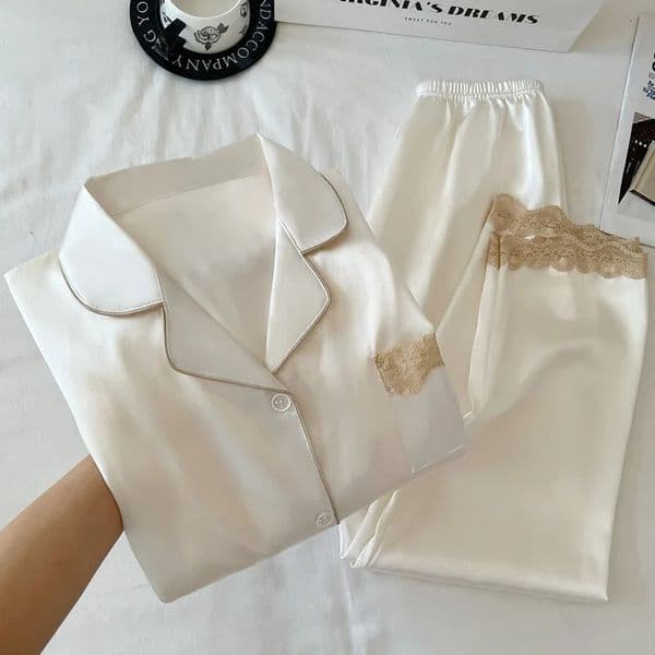 Womens Spring/Autumn Ice Silk Nightwear Set ious Lace Trim Long-Sleeved Lightweight Homewear Actual Product Pography 260514