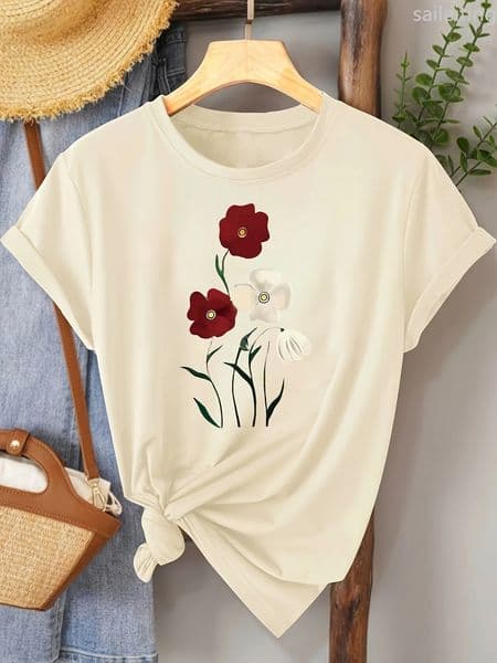 Ladies Red Rose Pattern Tshirt Comfortable and Casual Short Sleeved Round Neck Suitable for Daily Wear Fashion Matching 260513