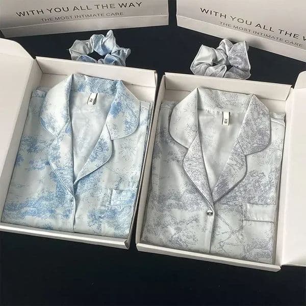 1Set Ice Silk Women Pajama Lapel Button Cardigan Outfits for Women Fashion Printing Set Clothes for Women 260514