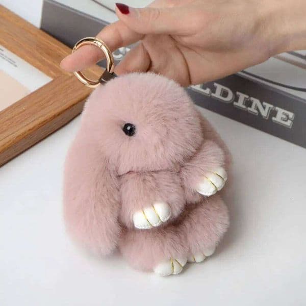 Fluffy Bunny - Plush Play Dead Rabbit Doll with Bow, Cute Animal Keychain Toy for Kids Girls, Soft Furry Gift 26Y0514