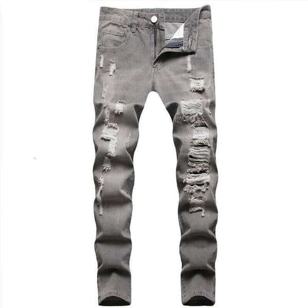 European American Holes Men Casual Gray Washed Teenagers Stretchless Mid Waist Slim Fitting Denim Pants Ripped Jeans J260514