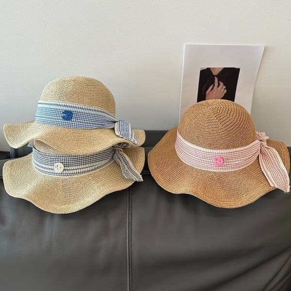 Straw Hat Womens Plaid Bow Wide Brim Sun Designer UV Protection Foldable Dome for Summer Bea Daily Wear Q26051