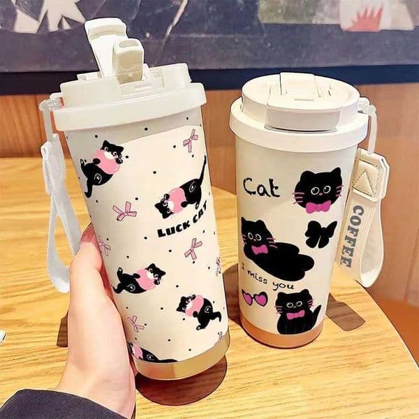 Fashion Design Cartoon Cat 500ml-LLB/169oz - 316 Stainless Steel Double-Wall Insulated Travel cup with Lanyard Straw Gift L260513