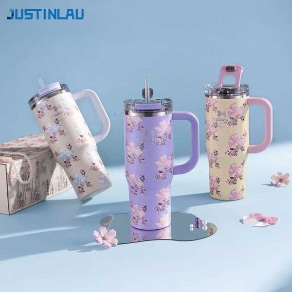 JUSTINLAU 900ml Stainless Steel Insulated Cups BowsFloral Thermos Bottle with StrawHandle Leak-proof Dual-drinking Vehicle MugT260514