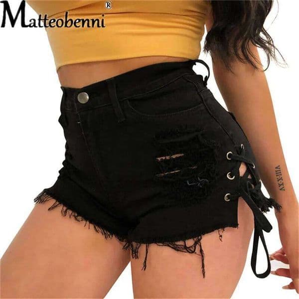 Fashion Sexy Ripped Hole Fringe Black Denim Women Lace Up Casual Pocket Jeans Summer New Hot Shorts 26W0514