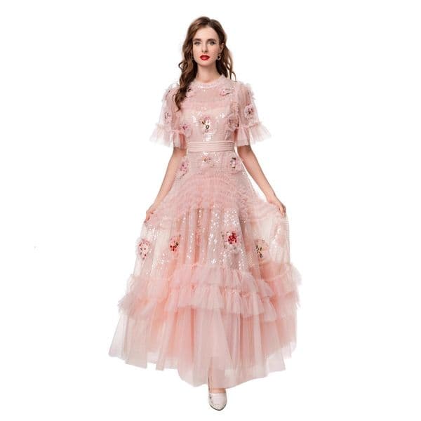 French-style fairy pink sequin with mesh embroidery and ruffles, high-waisted tiered evening party long dress