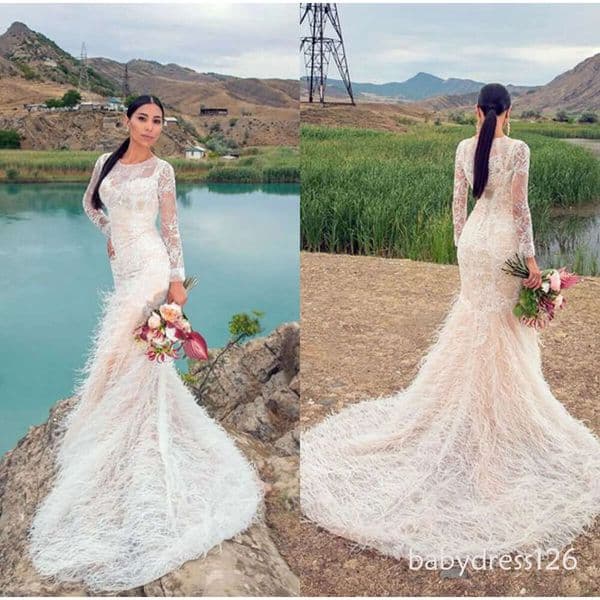 Mermaid Wedding Gowns Jewel Neck Long Sleeve Tulle Lace Feather Applique Sweep Length Bridal Dresses with Zipper