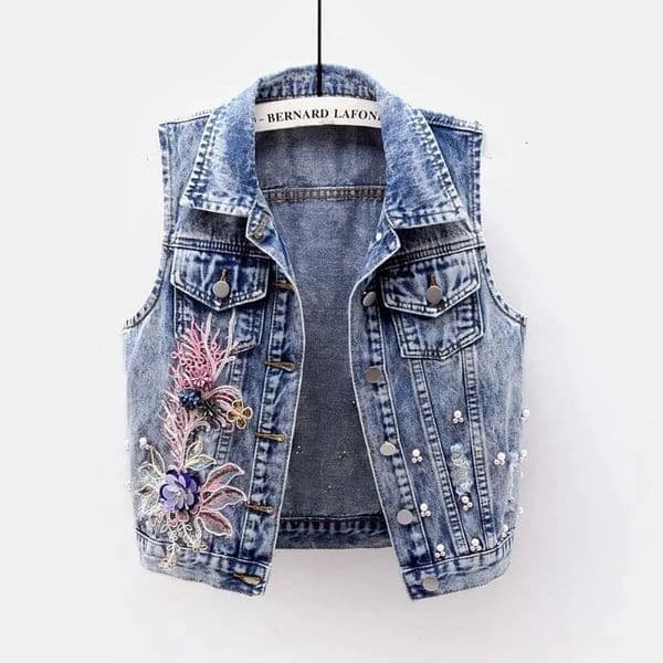 Student Vest Slim Short Jacket Embroidery Flowers Sleeveless Denim Vest Womens Beaded Waistcoat Hole Jeans Vest Coat Girl 260513