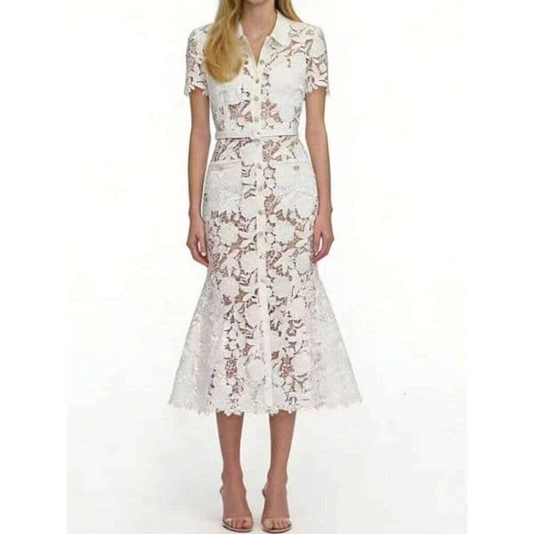 Fashion White Water-Soluble Lace Fishtail Dress Women Elegant Temperament Turn-Down Collar Slim Single-Breasted Robe With Belt Mdng260514