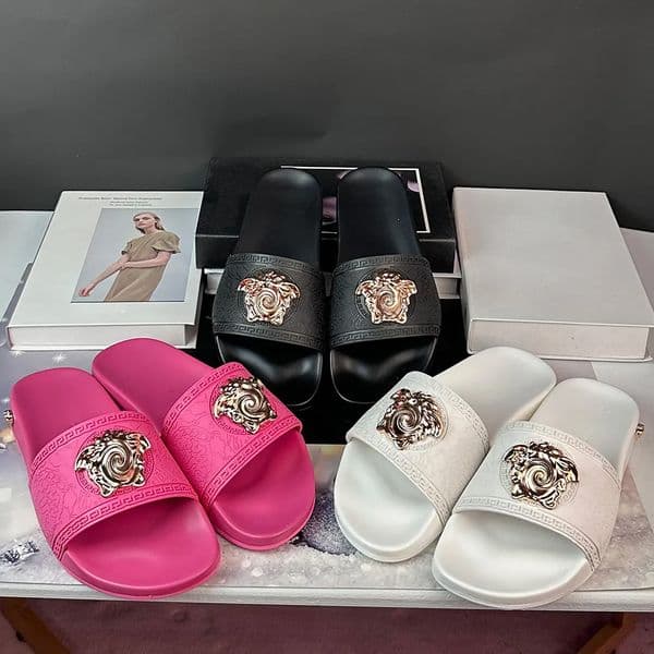 Top quality Pool Slide Designer Slippers Mens Womens Medusa Slides Rubber Leather Head Black Gold Pink Red Blue Summer Sandals