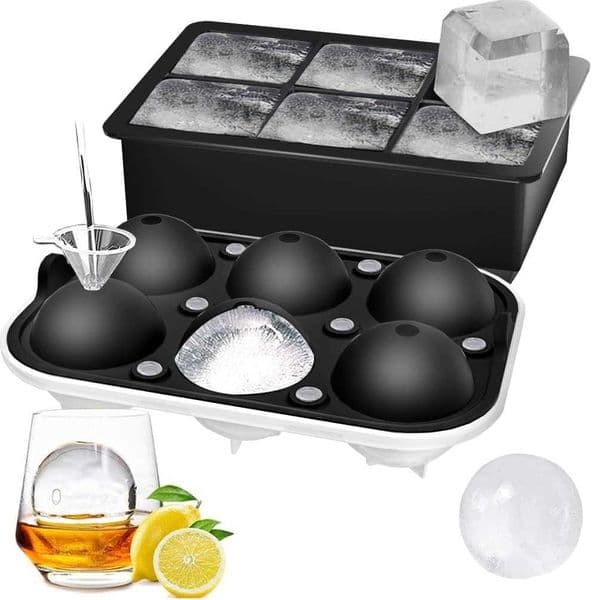 ROTTAY Ice Cube Trays Set of 2 Sphere Ice Ball Maker with Lid Large Square Ice Cube Maker for Whiskey Cocktails and Homemade Keep Drinks Chilled Black