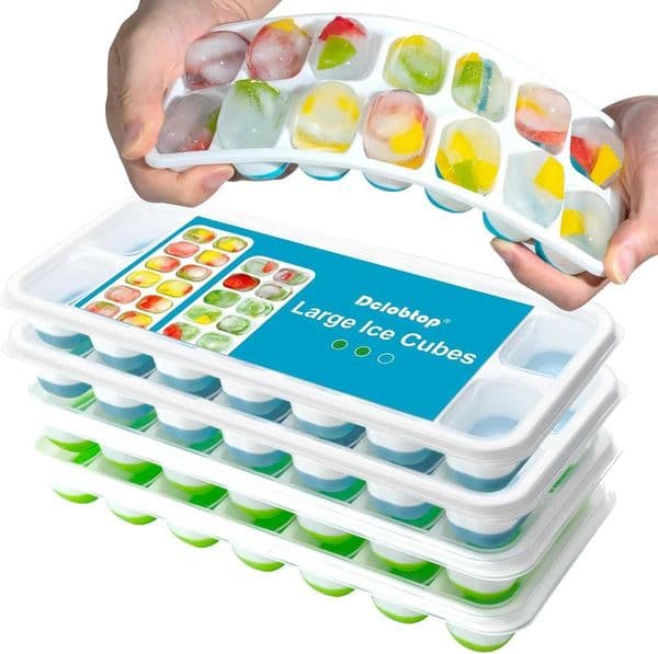 3 Pack Ice Cube Trays with Lid for Freezer Flexible Silicone Bottom for Easy Release Stackable SpaceSavingI ceM olds1 2C ubesC olorCoded2G r een1B l uefo rJu iceCo ffee