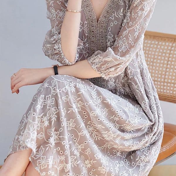 Heavy Beaded Embroidery 100% V-neck Silk Long Dress New Chinese Style Plus Size Women's Summer Clothing